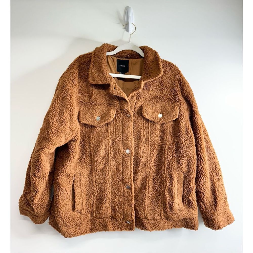 Forever21 Teddy Jacket Womens Size Large‎ Brown Buttoned Front Pockets